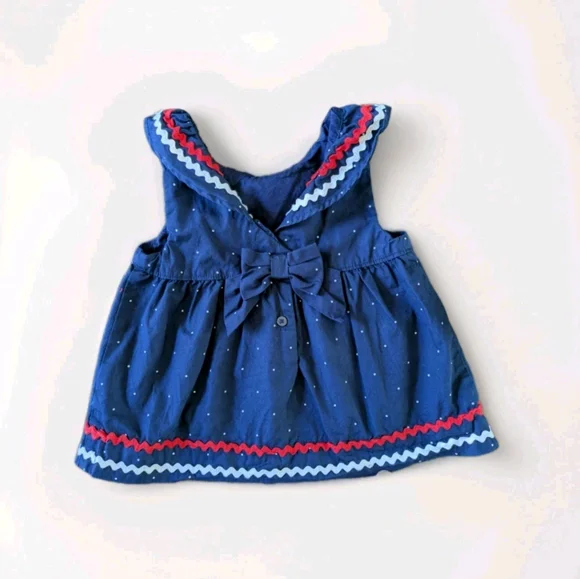 Janie And Jack Ric Rac Dot Dress 12-18 M Patriotic Red White Blue Trim Americana - Picture 2 of 4